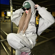 休闲运动时尚大码宽松套装女春秋季长袖长裤两件套连帽纯色卫衣裤