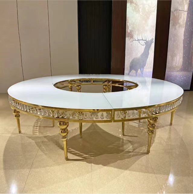 Mesa de boda para exteriores con tablero ovalado de vidrio dorado y acero inoxidable, mesa de comedor combinada para alquiler de banquetes integrada
