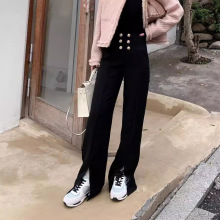 早春新款巴尔曼时尚金扣高腰直筒西装阔腿裤女开叉直筒长裤批发