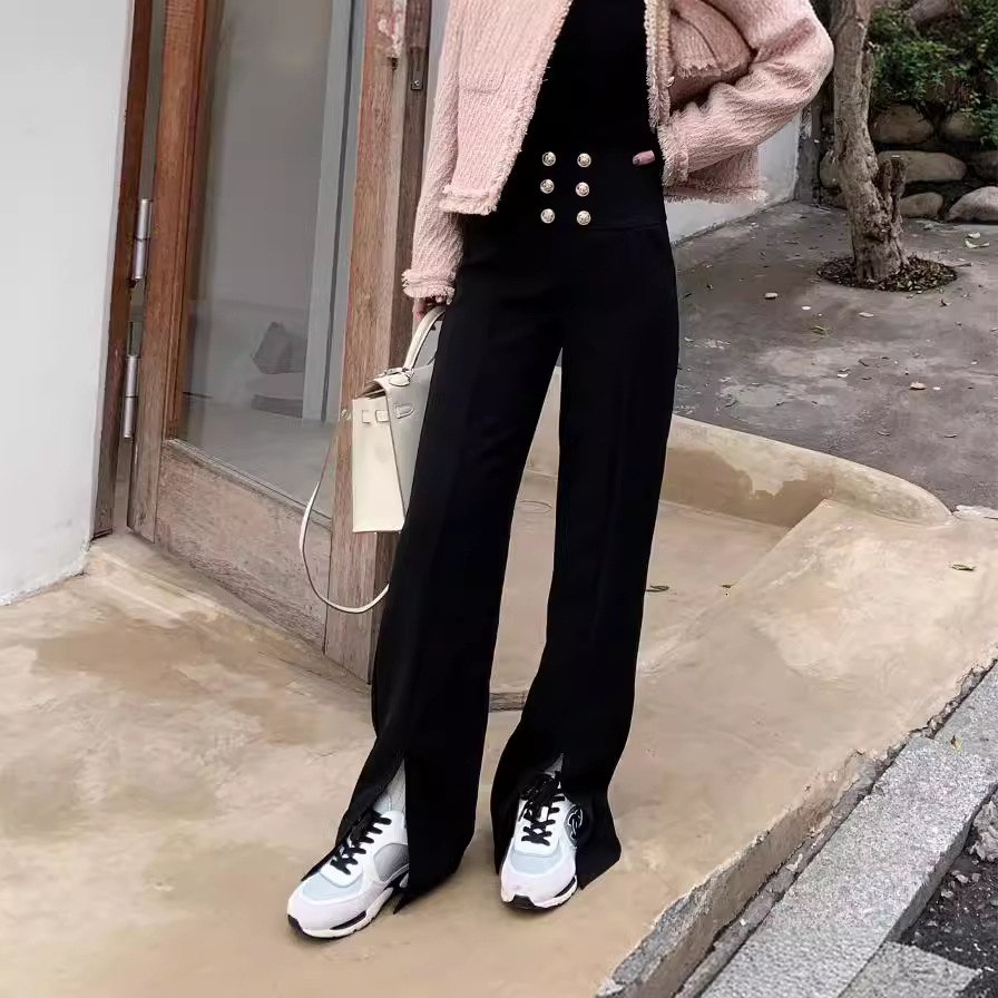 早春新款巴尔曼时尚金扣高腰直筒西装阔腿裤女开叉直筒长裤批发