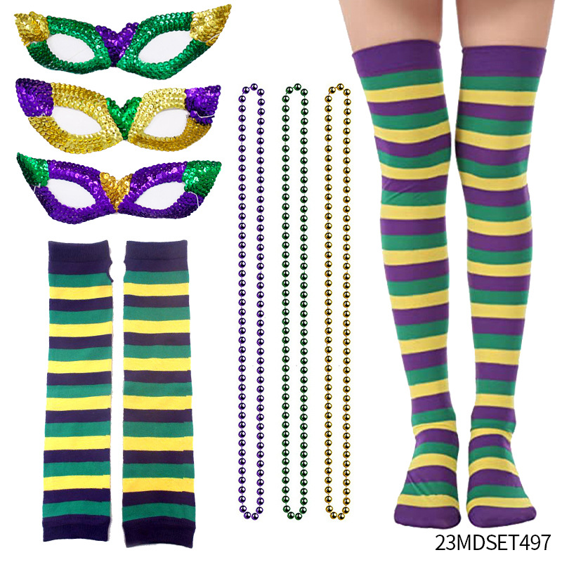Accesorios para el Cabello de Carnaval de Mardi Gras, Máscara Tricolor, Corbata de Moño, Cadena de Cuentas Electrochapadas, Conjunto para Fiesta de Carnaval