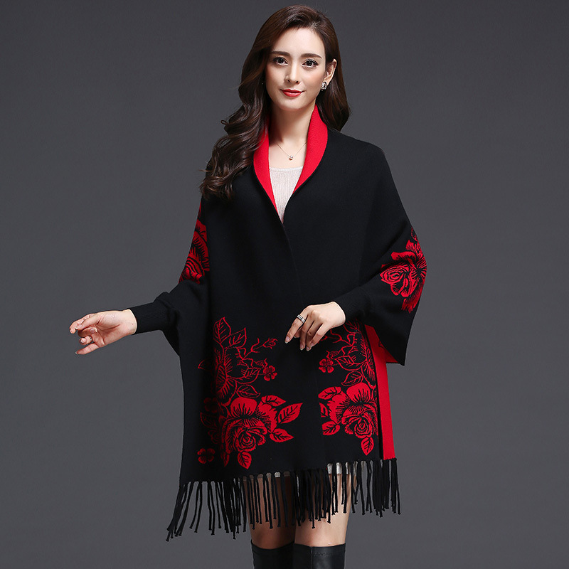 Autumn and Winter New Peony Floral Sleeve Shawl with Core-Spun Yarn, Warm Tassel Split Shawl for Cheongsam Outerwear