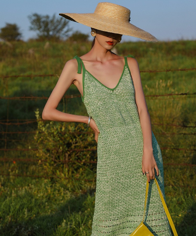 Island Store New Balinese Vacation Women's Emerald Hip Slim-Fit Mid-length Knitted Sling Dress