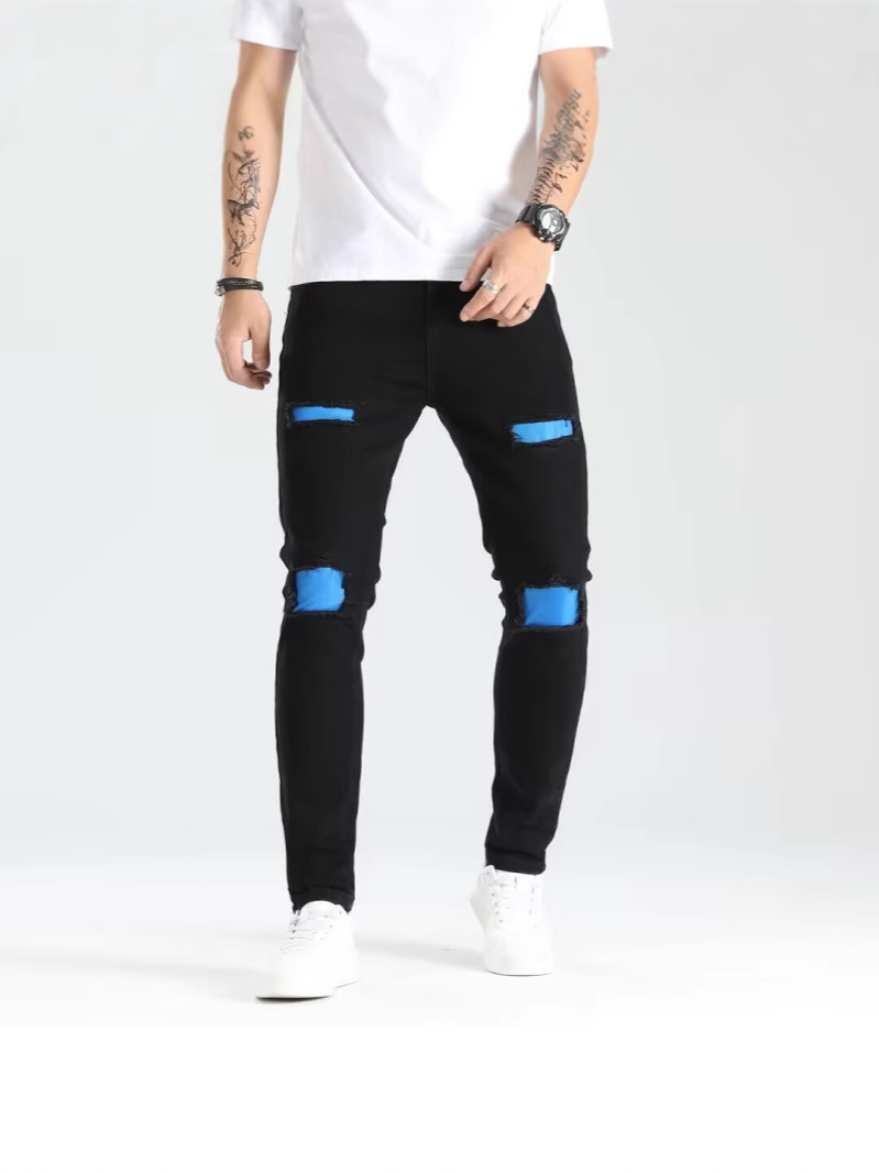 Nuevo agujero transfronterizo pie pequeño pantalones de hombre parche elástico de tendencia jeans de moda para hombre