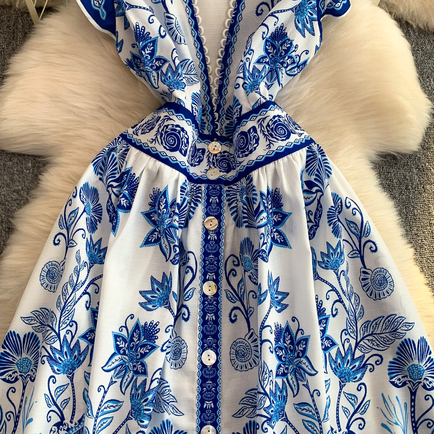 Women's European American Retro V Neck Dress Lace Trimmed Floral Print Fitted Waist Long Skirt Elegant Spring Autumn Wear_ecoleips.com