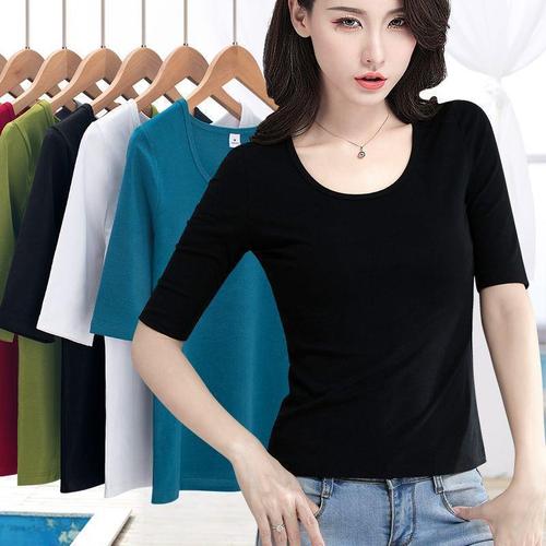 Women's 3/4 Sleeve Base Shirt, Black Yoga Top, Spring Summer V-Neck T-Shirt, Half-Sleeve Innerwear
