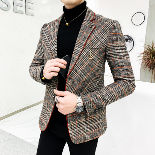 Spring and Autumn New Men's Woolen Suit Korean Style Trendy Stylish Plaid Fashion Wool Coat Men's Blazer Jacket