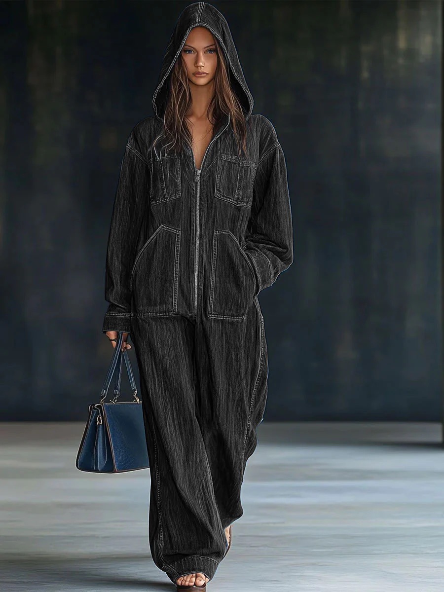 Autumn and Winter New European and American Hooded Jumpsuit Jeans for Women, New American High Street Pants for Spring, with a Lazy and Relaxed Feel