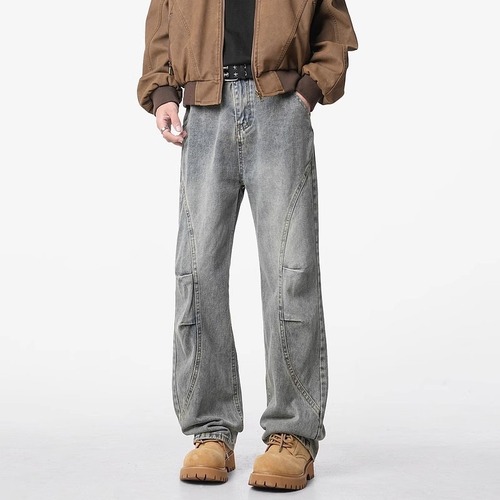 Wrinkled Bended Knife Men's Winter Washed Distressed Relaxed Straight Leg Work Pants for Autumn/Winter American Street Style