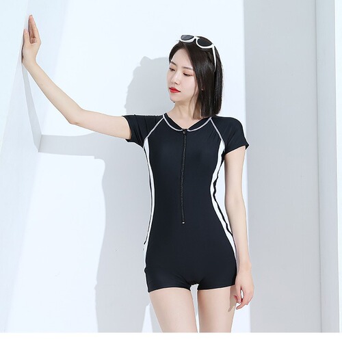 One-piece swimsuit for women, conservative square angle, belly-covering, slimming, sexy and sporty, Korean style professional swimsuit, short-sleeved hot spring