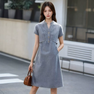 2025夏季新款短袖可调节袖口牛仔裙时尚V领A字双口袋女裙子连衣裙