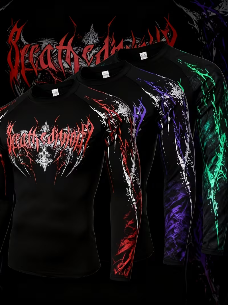 Men's Dark Style Skull And Thorn Print Long Sleeve T-Shirt Tight Fitting Quick Drying Fitness Sportswear American High Street_viptrois.com