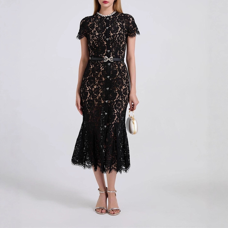 New Manufacturer Wholesale Socialite Goddess Elegant Temperament Floral Lace Slim Fit Hip-Hugging Fishtail Dress Long Dress