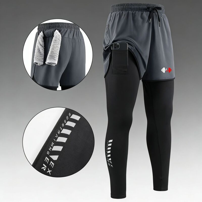Men's Cross-Border Two-In-One Double-Layer Pants, High Elasticity Compression Fitness Pants, Casual Sports All-Season Style, Faux Two-Piece Men's Cross-Border Two-In-One Double-Layer Pants, High Elasticity Compression Fitness Pants, Casual Sports All-Season Style, Faux Two-Piece