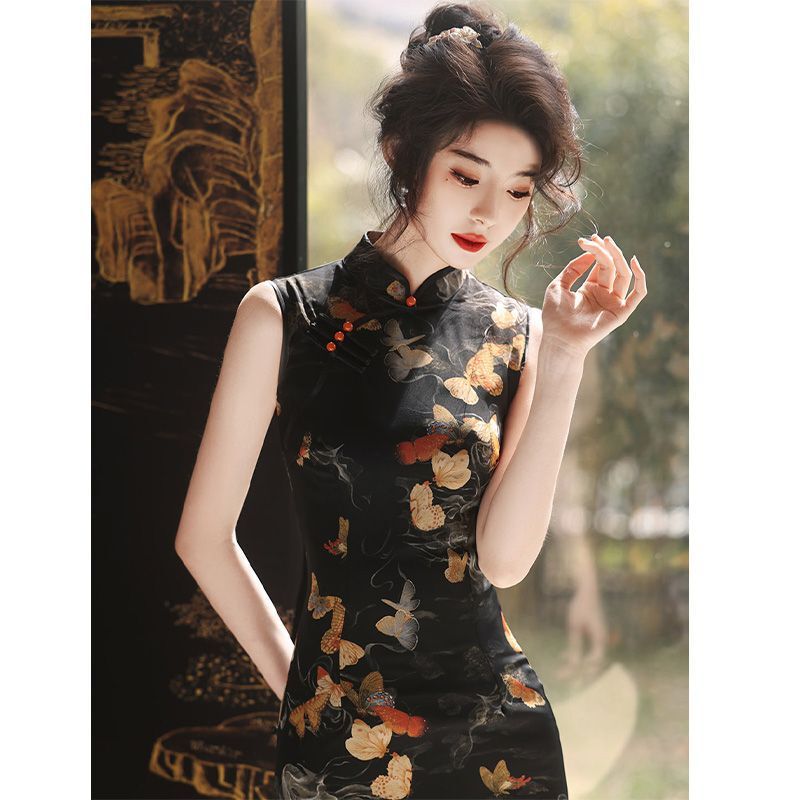 Black Cheongsam Summer suit 2024 Improved New Chinese Style Young Super Immortal Retro Old Shanghai Sleeveless Republic of China Style Black Cheongsam Summer suit 2024 Improved New Chinese Style Young Super Immortal Retro Old Shanghai Sleeveless Republic of China Style