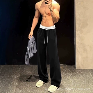 灰色美式健身裤子男款夏季高级感垂感直筒训练运动裤休闲弯刀卫裤