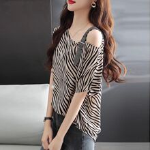 斜肩短袖薄款显瘦宽松雪纺衫露肩设级感上衣女2025年夏季新款潮