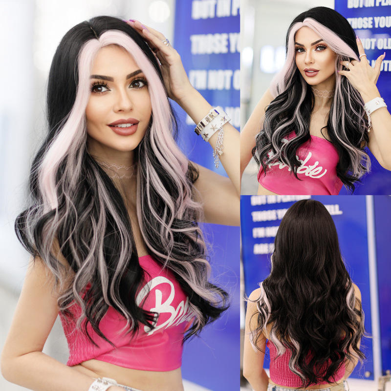 Small Lace Asian Spotted Pink Long Curly Hair Large Wave Mid-point Wig Women's Full Head Cover Natural Hair Stitched Wig