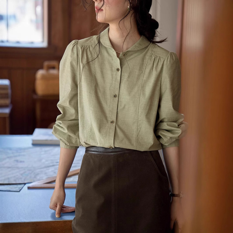 【New Product Limited Time Offer 10% off】French Retro Lapel Puff Sleeve Shirt for Women, Autumn and Winter Long-Sleeve Shirt