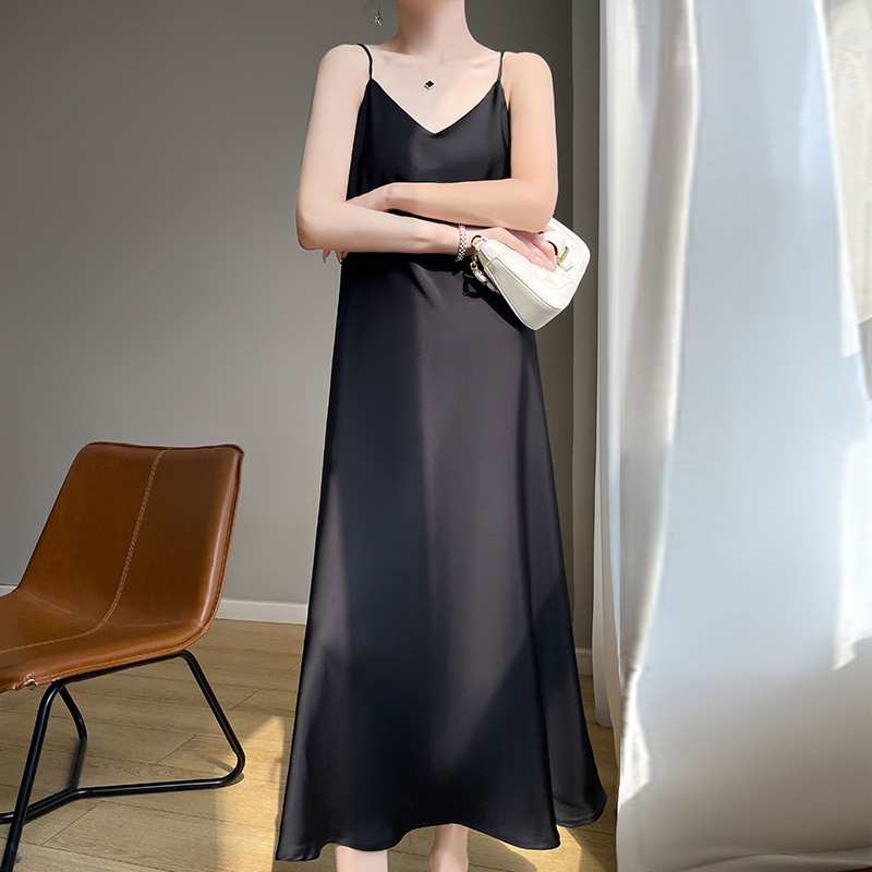 Soft Peach Pink Sling dress Women's Heavy Acetic Satin Glossy Niche Silk-like Dape Dress