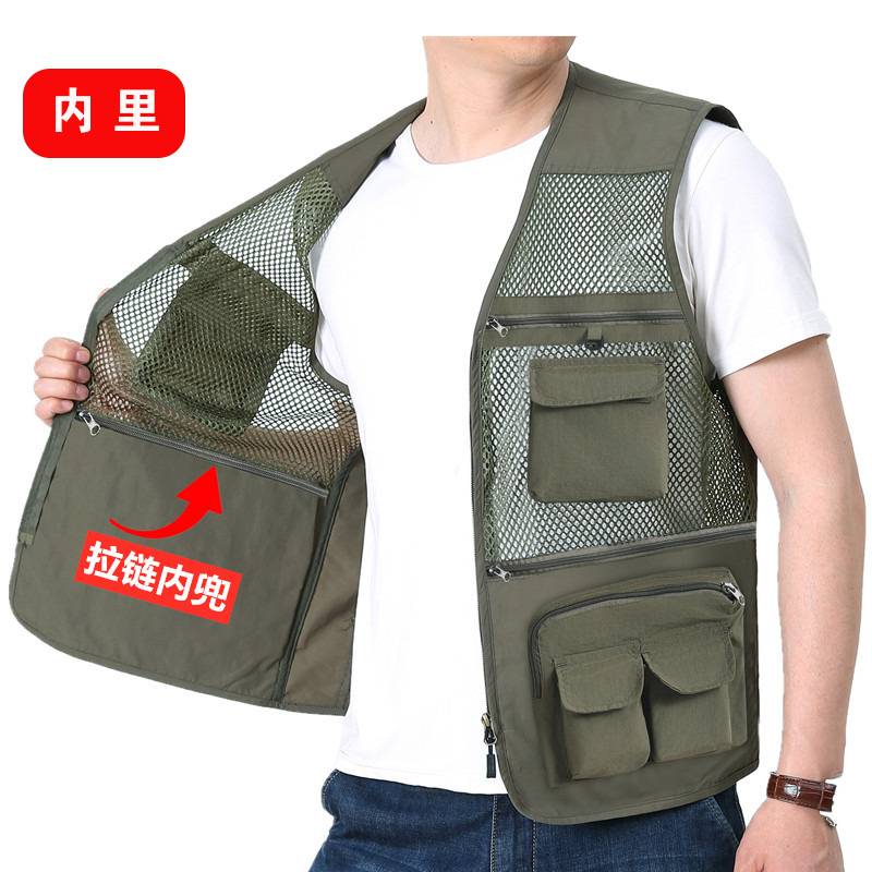 Negro comercio exterior de verano delgado chaleco de malla de secado rápido transpirable hombre multibolsillo chaleco de hombre gordo tamaño extra
