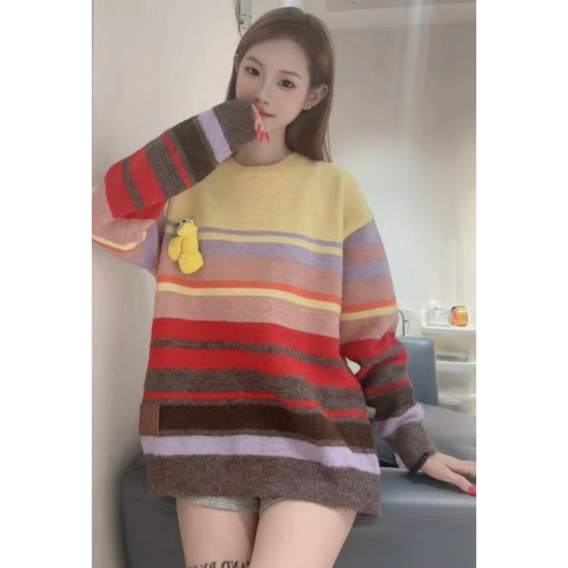 2025 Autumn and Winter New Stereo Doll Contrasting Stripes Sweet Age-Reducing Versatile Loose Casual Knitwear Sweater