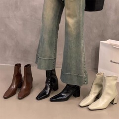 ハイヒールスクエアトゥブラウンマーティンブーツ婦人靴2025春秋新作スカート付きシングルブーツフレンチスモールネイキッドブーツショートブーツ