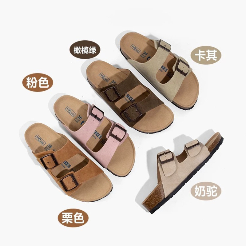 Genuine Leather Cork Sole Birkenstock-Style Buckle Slip-On Sandals for Women, Beach Slip-On Birkenstock Sandals, Versatile Street Style
