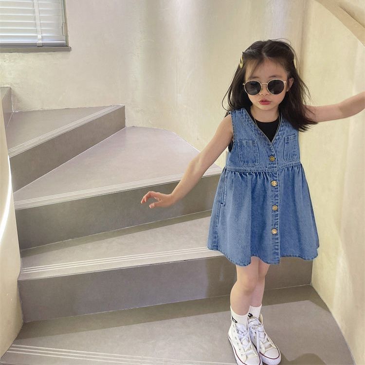 Summer girls' dress, baby stylish children's personalized trendy brand Korean-style fashionable internet celebrity princess denim vest dress