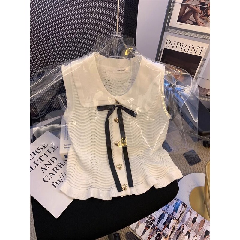 Bow-Knot Knitted Vest for Women, Summer Style, Heart-Shaped Button, Doll Collar, Cardigan with Ruffled Edges, Flutter Sleeves, Ice Silk Top Bow-Knot Knitted Vest for Women, Summer Style, Heart-Shaped Button, Doll Collar, Cardigan with Ruffled Edges, Flutter Sleeves, Ice Silk Top