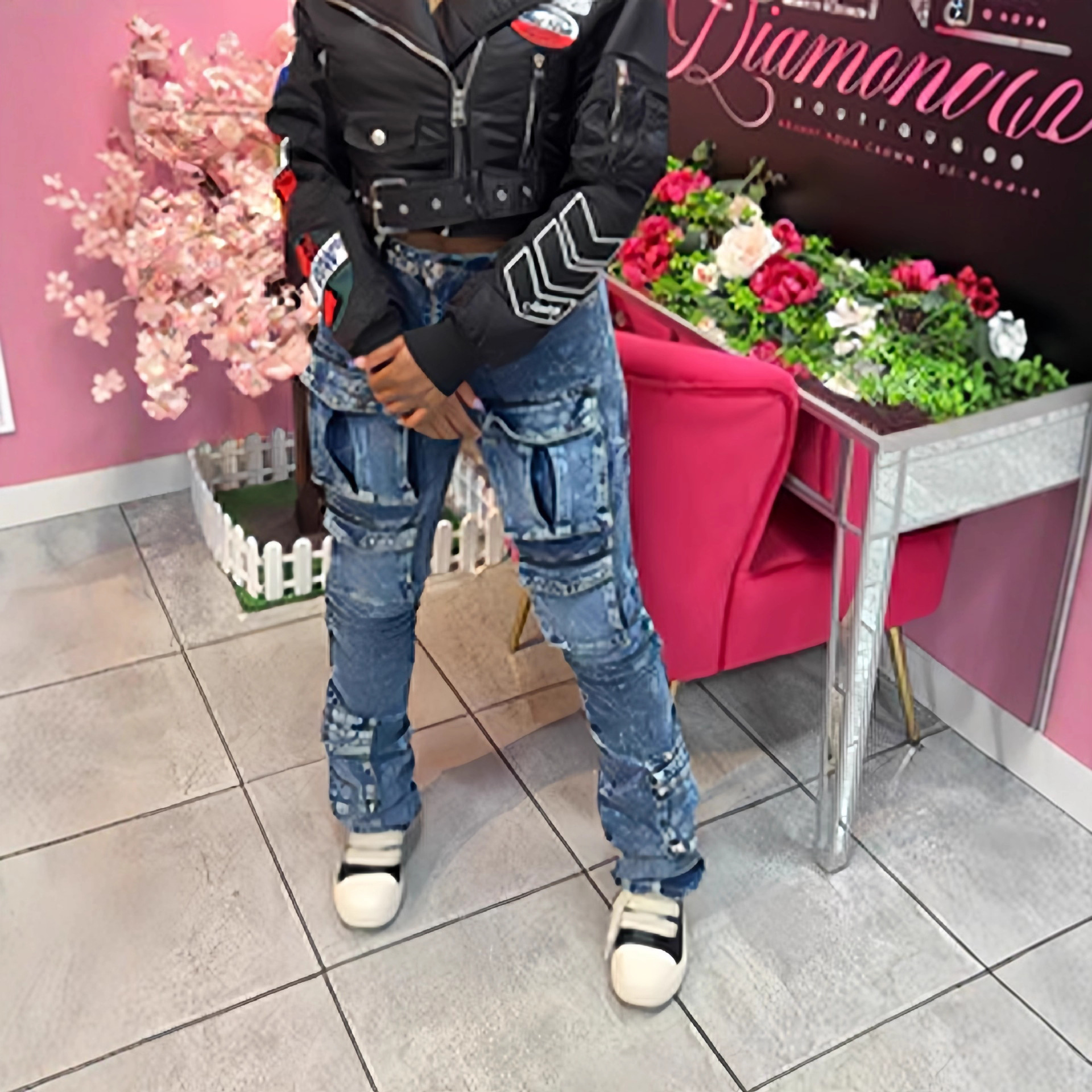 Women's Stacked Cargo Jeans – Stretch Denim Wide-Leg Pants With Utility Pockets (S-XL, Blue)_mkmklike.com