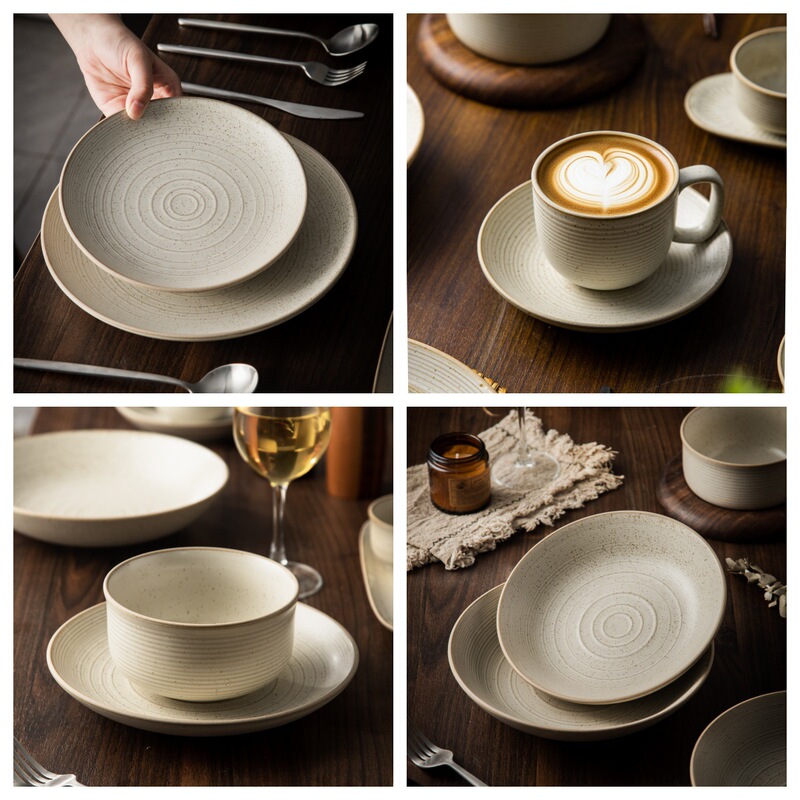 Retro Japanese Handmade Stoneware Threaded Ceramic Tableware Pasta Plate Creative Salad Plate Household Soup Plate Coffee Cup and Saucer