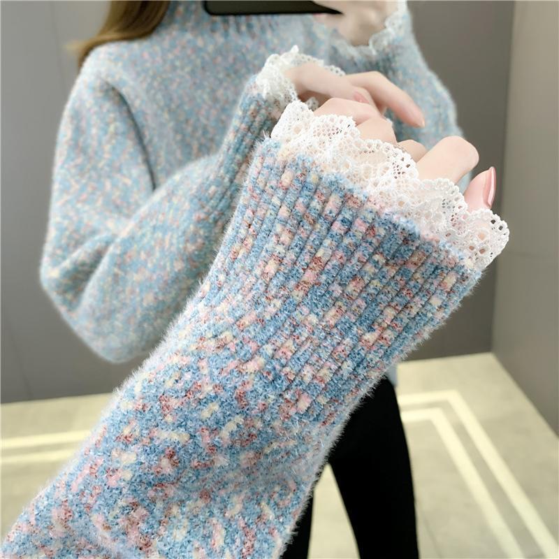 Winter Chenille lace edge half high neck sweater for women's knitwear 2023 plush and thick sweater for women's base