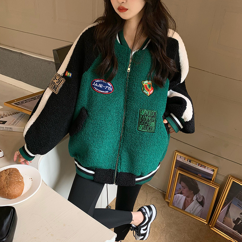Contrast Color Lamb Wool Baseball Jacket for Women 2026 Autumn and Winter Loose Thickened Patchwork Plus Size Sweatshirt for Women Wholesale Contrast Color Lamb Wool Baseball Jacket for Women 2026 Autumn and Winter Loose Thickened Patchwork Plus Size Sweatshirt for Women Wholesale