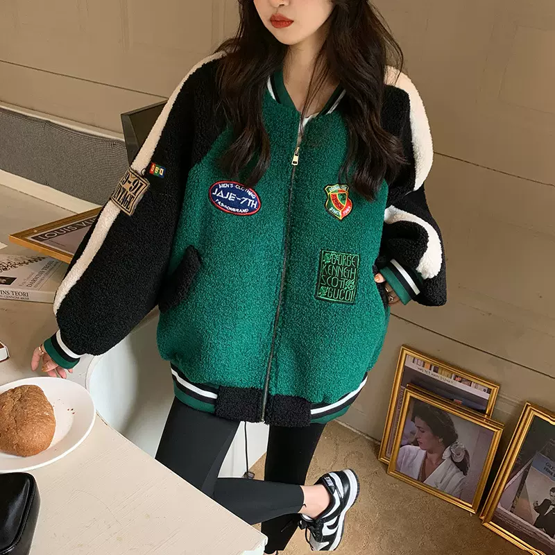 撞色羊羔毛棒球服外套女2025秋冬宽松加厚拼接大码卫衣女批发