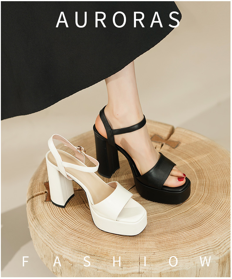 Sandal cao gót quai ngang da bò lớp đầu phong cách Âu Mỹ gót vuông 11 cm — Da lộn Cừu Đen [Chiều cao gót 10 cm] chi tiết 1