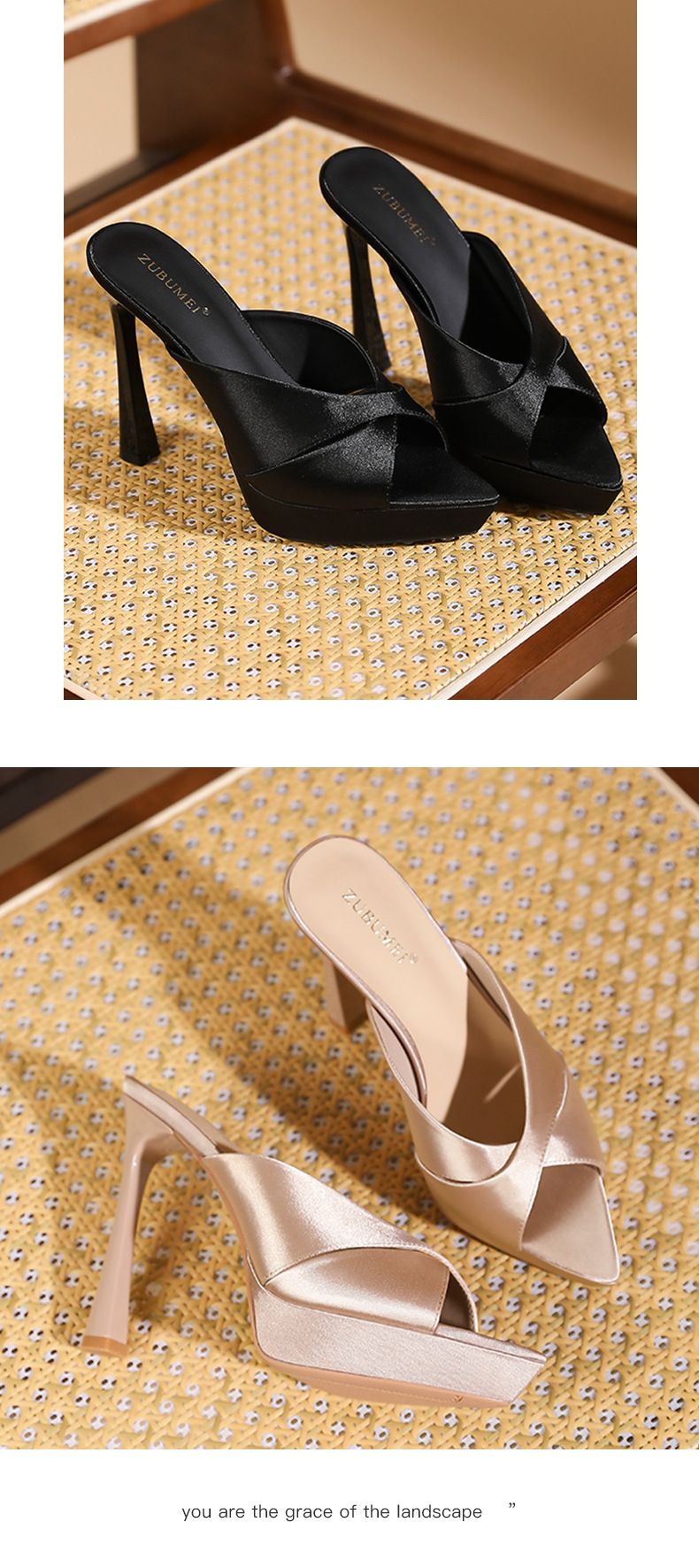 Sandal cao gót nữ mũi nhọn hở ngón, gót nhọn 9 cm, đế platform dày dáng — màu đen chi tiết 9