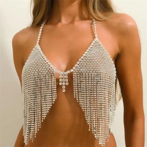 Cross-border European and American fashion accessories Sexy full rhinestone bikini bra set nightclub shiny tassel body chain