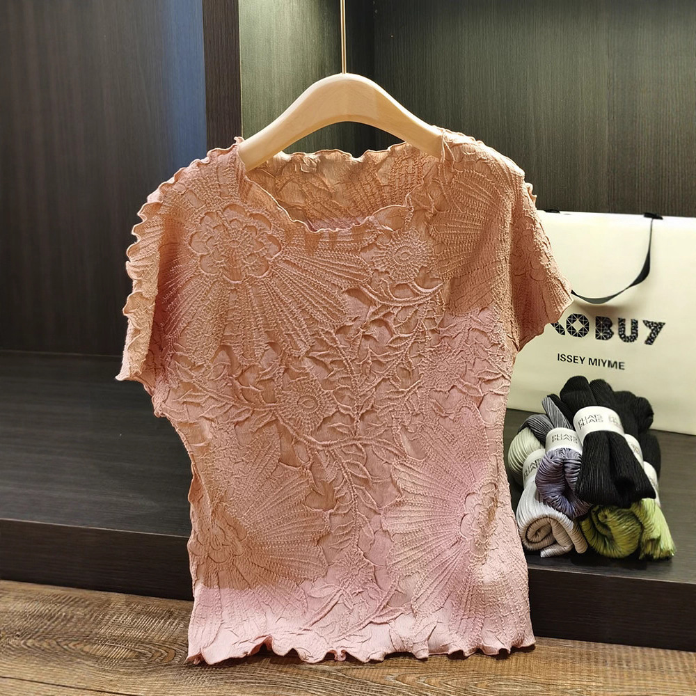 Women's Clothing Women's Classic Style Short Sleeve T-Shirt Heavy Embroidered Ruffled Round Neck Loose Top Solid Color Batwing Sleeve_ecoleips.com