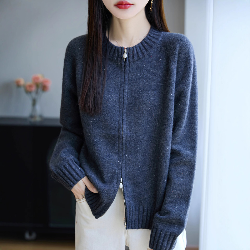 2025 New Autumn and Winter Raccoon Velvet Round Neck Knitted Cardigan Long-Sleeved Women's Double Zipper Colorful Warm Top Jacket