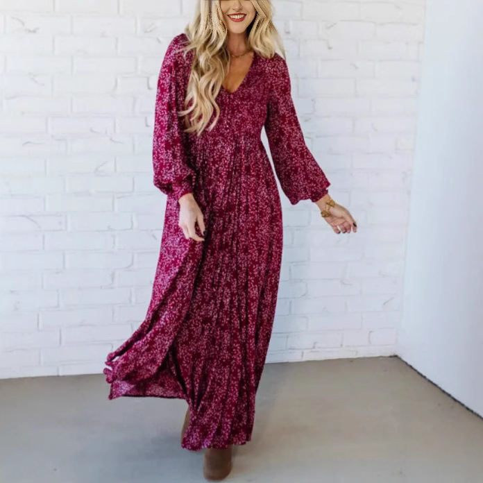 Amazon New European and American Dress Women's Pullover V Neck Long Sleeve Pleated Waist Slim Dress