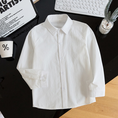 Boys' white long-sleeve autumn children's white school uniform host performance shirt white spring and autumn long-sleeve