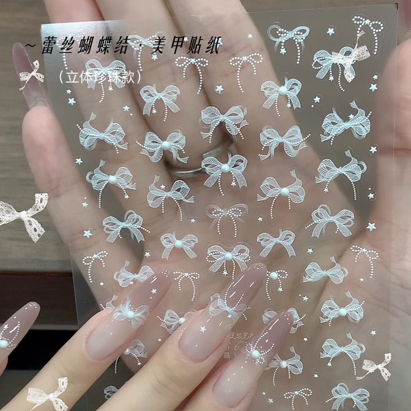 Lace Bow Manicure Sticker Internet Popular Three-dimensional Relief White Ribbon Pearl Nail Sticker Manicure Jewelry