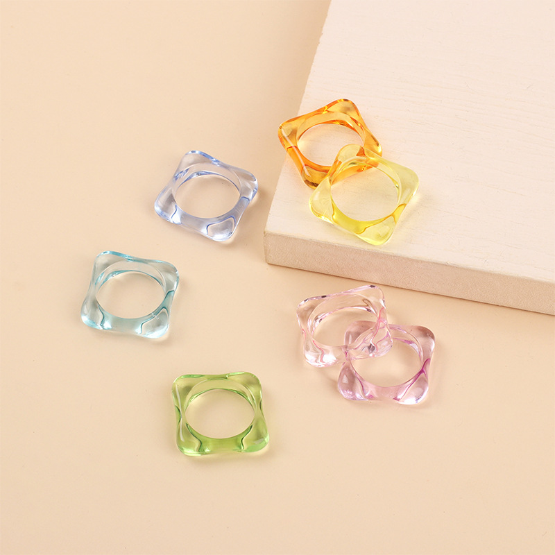 2g Weight Solid Color Pattern Women'S Gender INS Style Style Lake Blue, Pink, Green, Blue, Yellow Color One Size Size Simple Candy Color Square Acrylic Transparent Ring Set 3