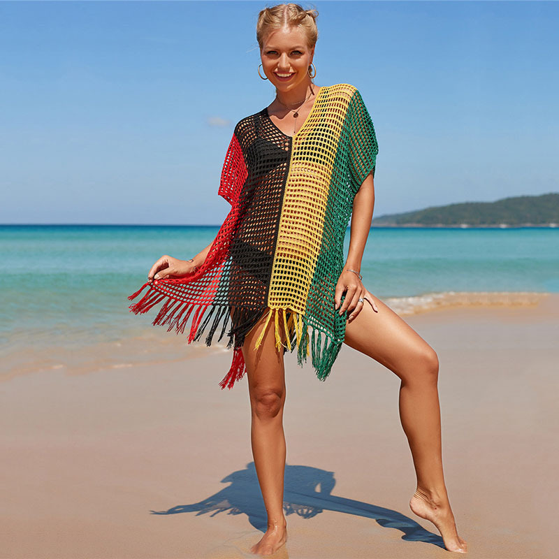 Long Top Length V Neck Neckline Women's Lady Vacation Beach Color Block Cover Ups