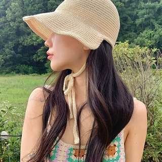 韩国亚麻针织草编萝莉帽夏天日系可爱宽檐显脸小系带遮阳防晒帽子