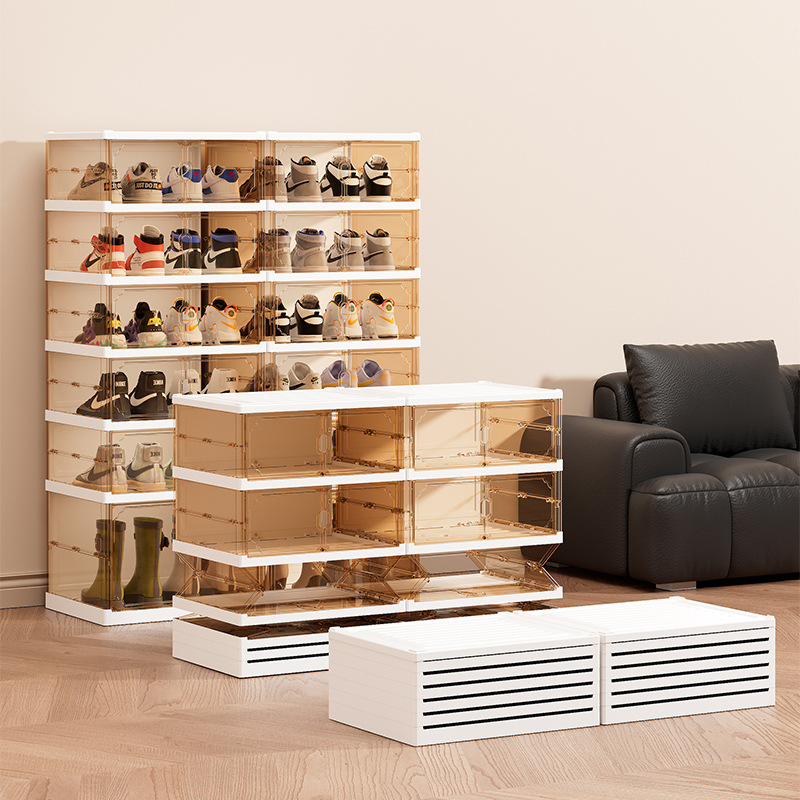 Caja de zapatos de plástico simple a prueba de polvo integrada sin instalación, estante de zapatos plegable transparente multicapa