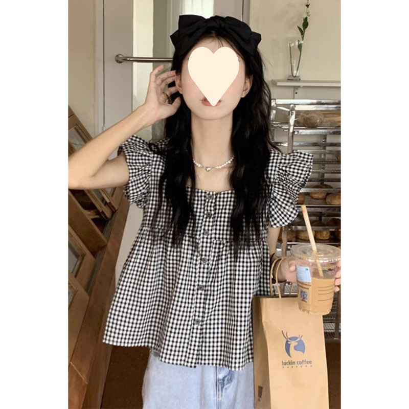 Plaid Short-Sleeved Shirt for Women Summer New Style French Small Flying Sleeve Top Design Niche Baby Doll Shirt Loose Shirt
