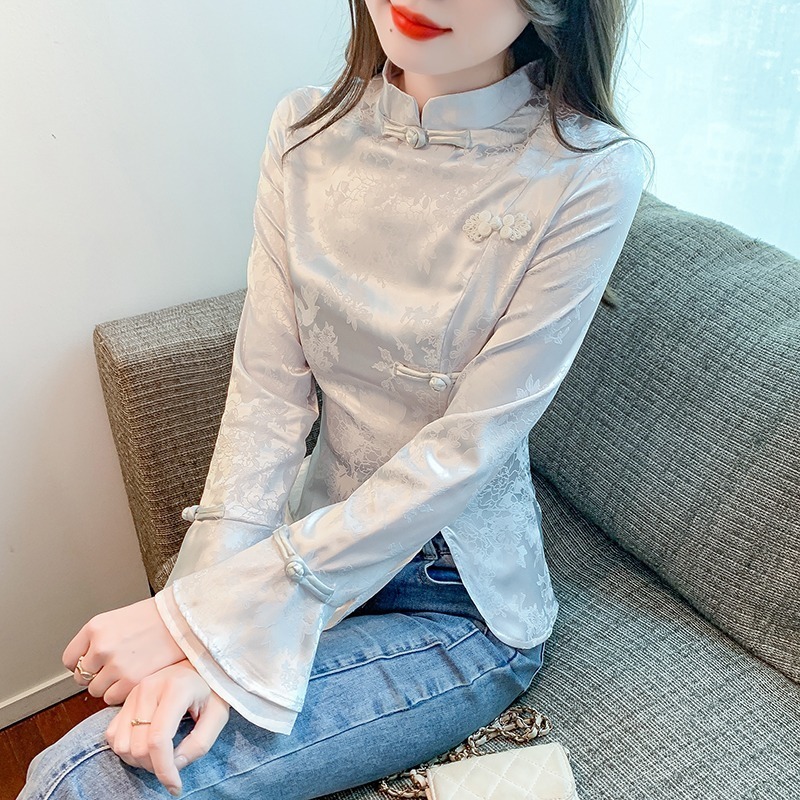 長袖中国風ボタンシャツ 2025 春と秋の新スタイル中国風レトロシャツ女性のジャカードスリムトップ|undefined