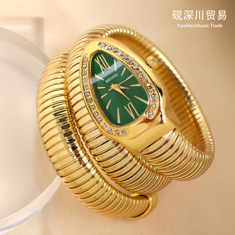 Cross-Border 2026 Hot-Selling Personalized Snake-Shaped Watch for Women, Fashionable Bracelet Watch, Creative Hip-Hop Diamond-Encrusted Quartz Watch Wholesale